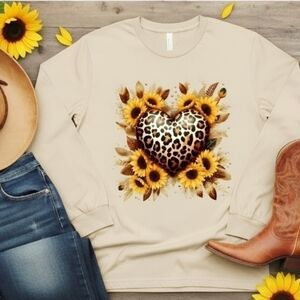 Sunflower Leopard Heart Long Sleeve • Western Boho Fall Tee • Country Girl Top